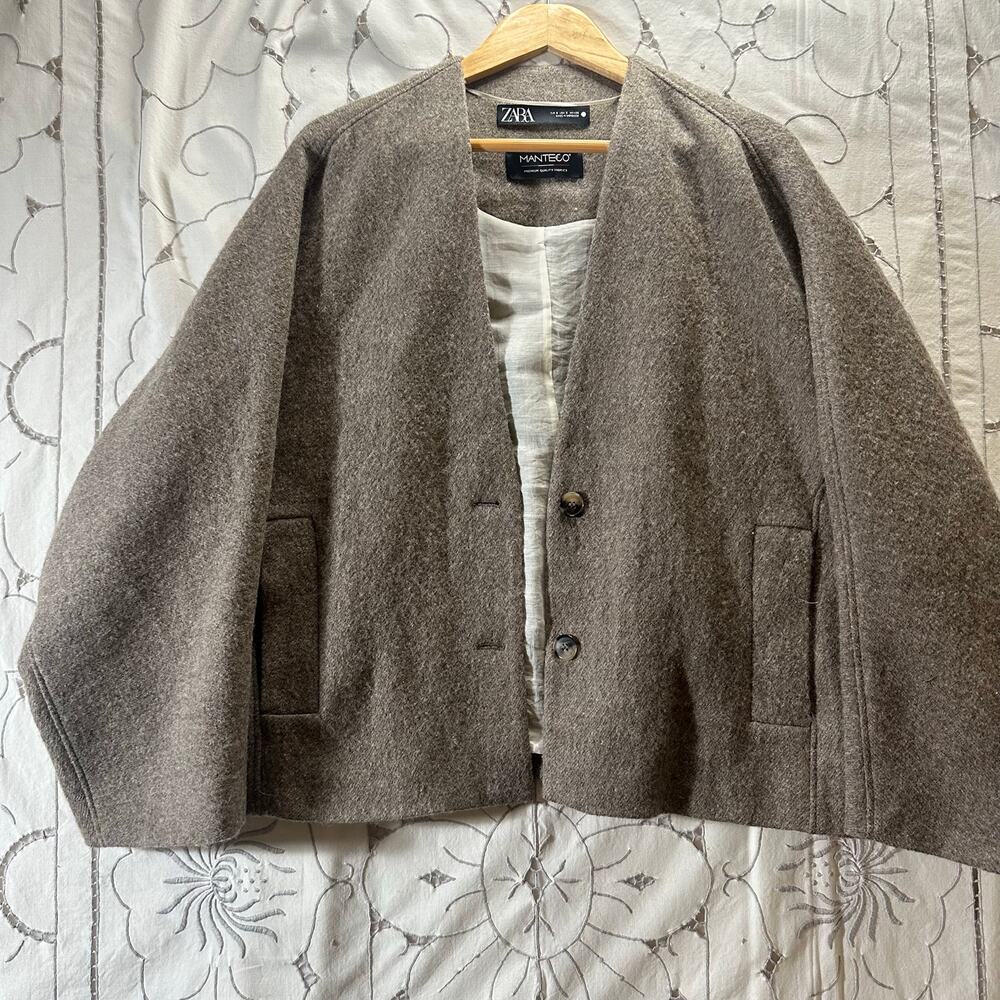 Zara Manteco Lightweight Wool oversized Jacket Taupe Open Front S